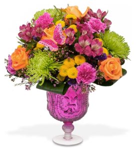green fuji mums with assorted pink, orange and yellow flowers