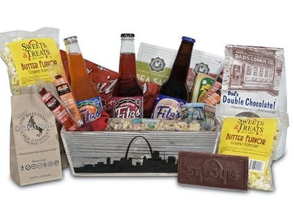 A delicious assortment of Saint Louis gourmet treats presented in a handled basket and decorated with a bow. Perfect choice for a gift, get well gift, thank-you gift or take to any party!