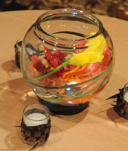 Small Bowl Arrangment at a tall cocktail Table